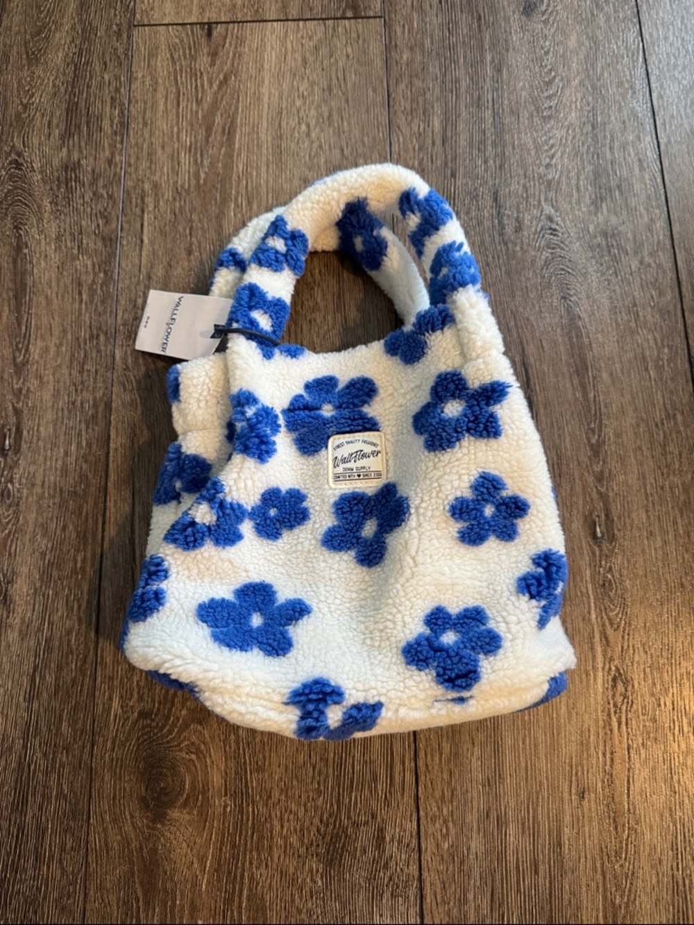 Wallflower Cream Sherpa Tote with Blue Floral Print